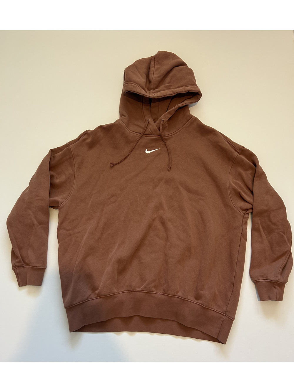 Nike Men’s Brown Solid Fleece Cotton Pullover Hoodie Logo Pockets Size M